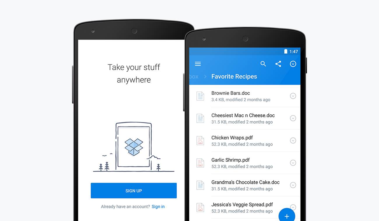 Two smartphones displaying a Dropbox interface, featuring a signup prompt and a list of favorite recipes in various file formats.