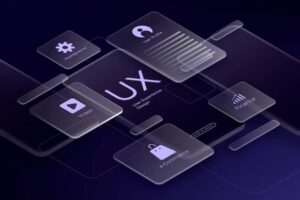 Abstract illustration representing User Experience (UX) design, featuring icons for video, e-commerce, finance, and user profiles.