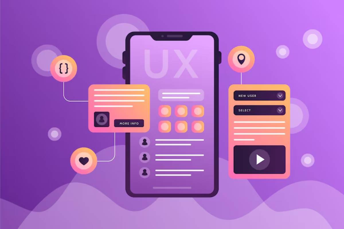 Illustration of a smartphone displaying UX design elements, including user info cards and selection menus, set against a purple background.