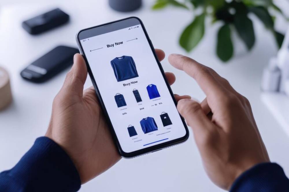A person browses a mobile shopping app showcasing blue clothing options, with a 'Buy Now' button visible on the screen.