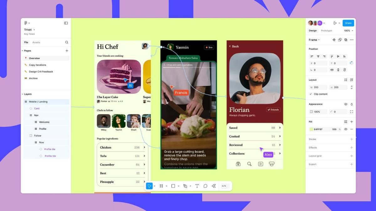 A digital interface displaying a recipe app with user profiles, dishes, and cooking tips, set against a colorful background.