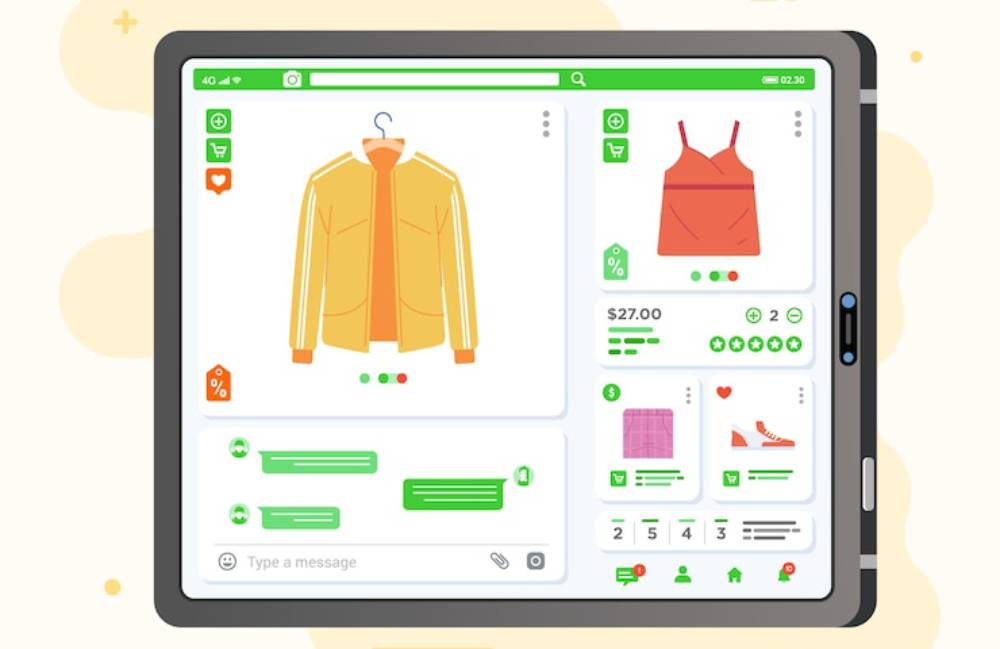 A digital shopping interface displaying a yellow jacket and a red tank top, with options to view prices, reviews, and chat.